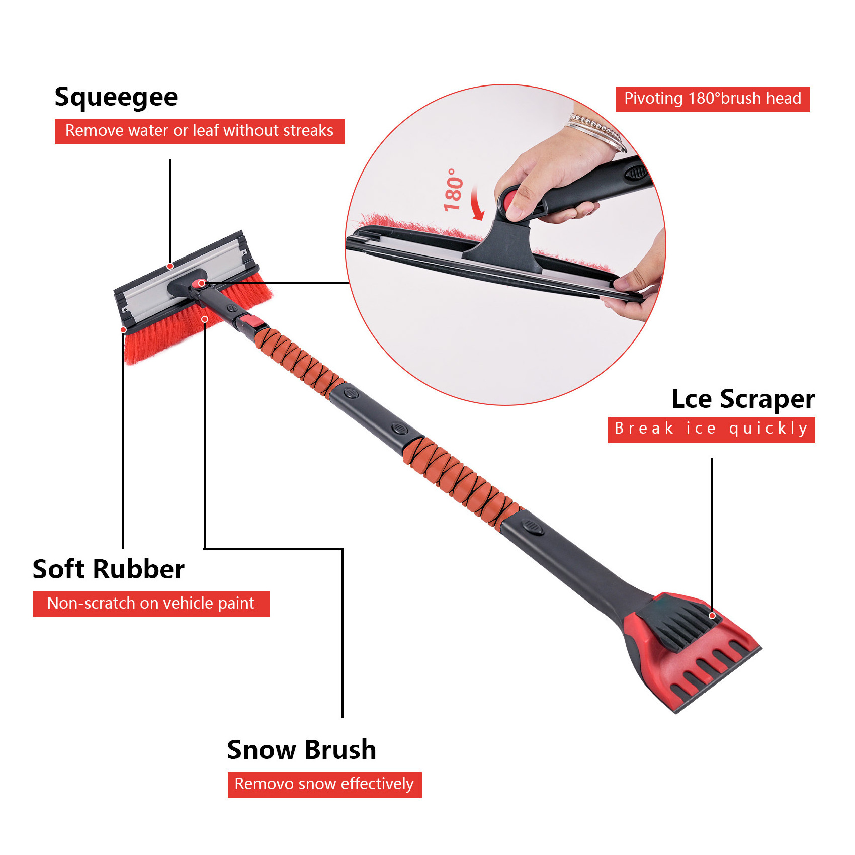 6 in 1180 Degree Rotating Snow Brush Windscreen Ice Scraper Telescopic Car Defrost Shovel Kit Snow Broom