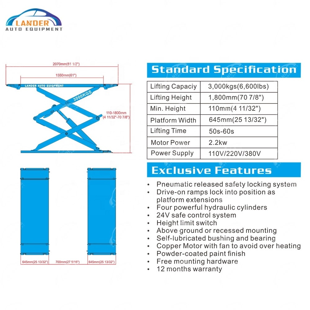 Commercial Grade 3000kgs/6600lbs On Ground Type Full Rise Scissor Lift