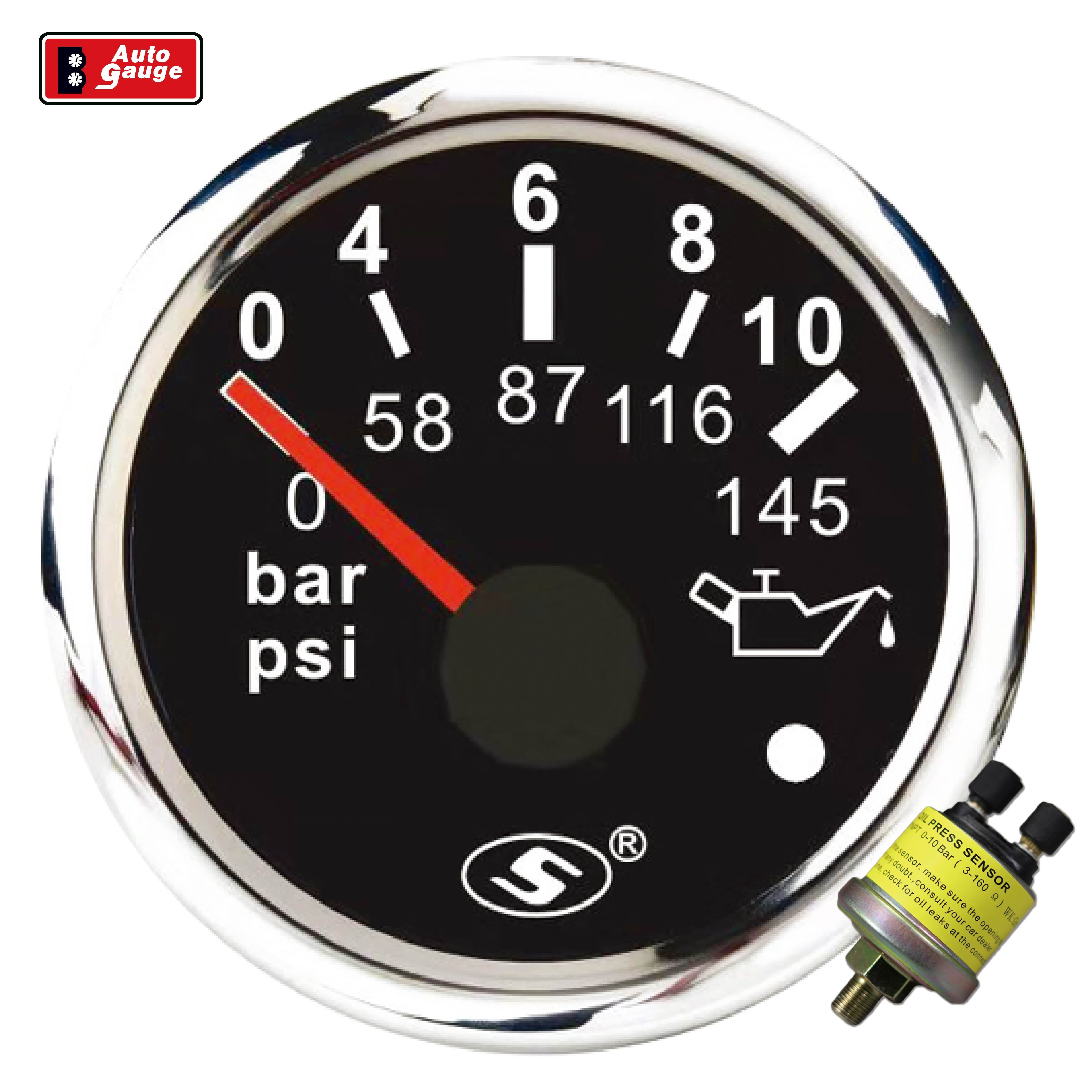 52mm 2inch Electrical AutoGauge Needle Warning Light Black Oil Pressure Gauge 10 BAR for Truck Bus Car