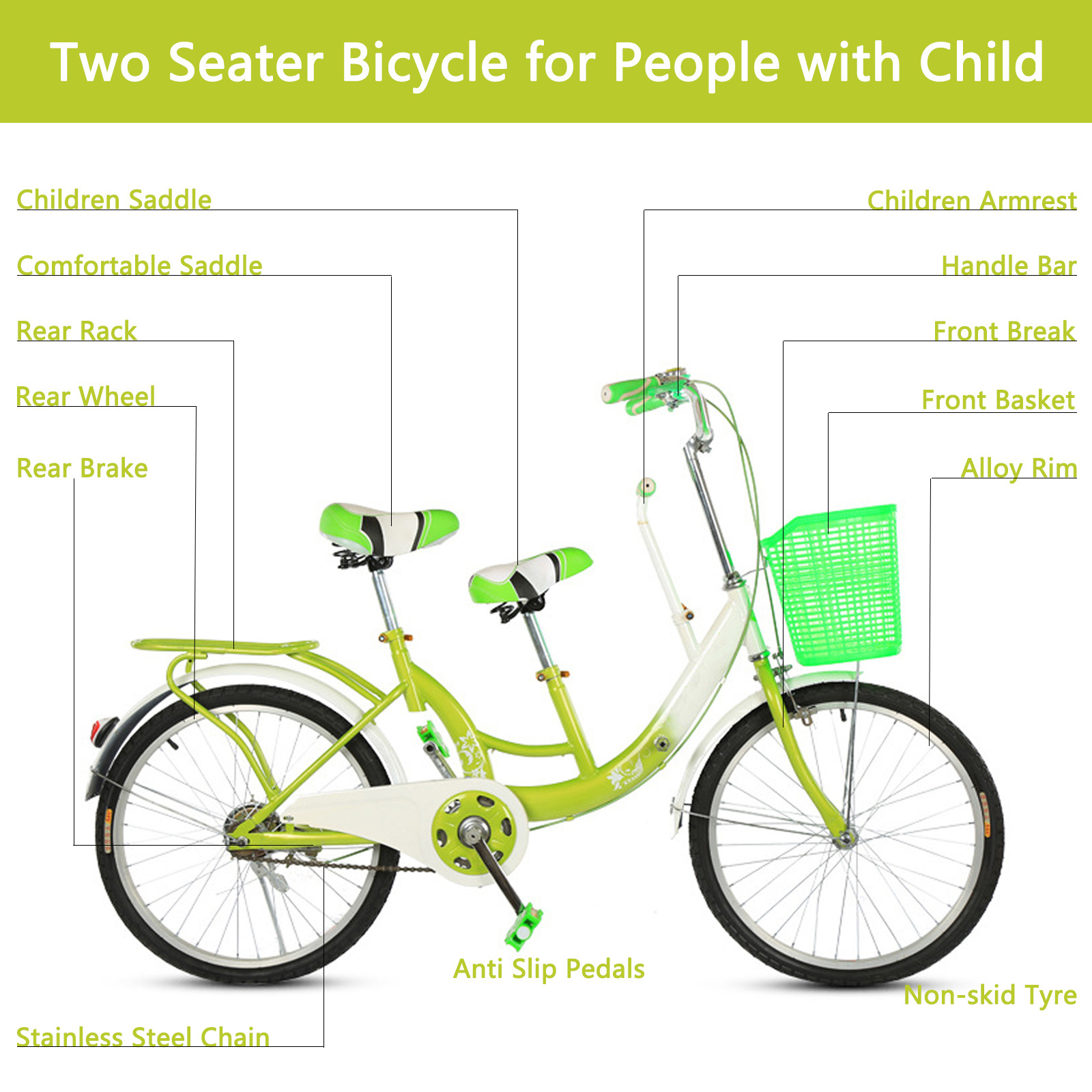 Factory Cheap Price Popular Cruiser Tandem Bike 22/24 inch Double Seat Single Speed Mother and Child Bicycle BikeTandem