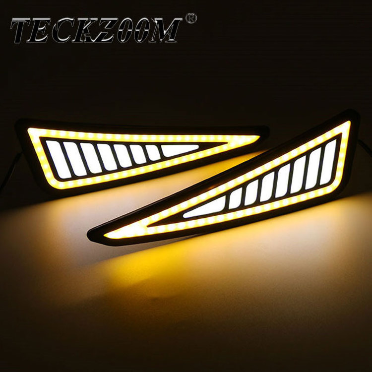 TECKZOOM New Car Accessories Cob LED Drl Daytime Running Light Triangle Cob LED Switchback DRL White Amber Turn Signal Strip