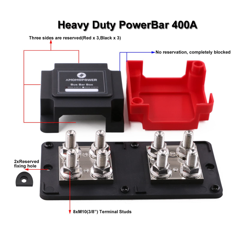 Bus Bar Box 12V- 48V DC 400 Amp Copper Heavy-Duty Module 8 x 3/8