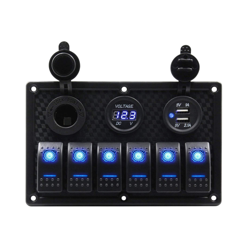 6 Gang Toggle Rocker Switch Panel With Blue LED Light Dual USB Circuit for Car Boat Marine