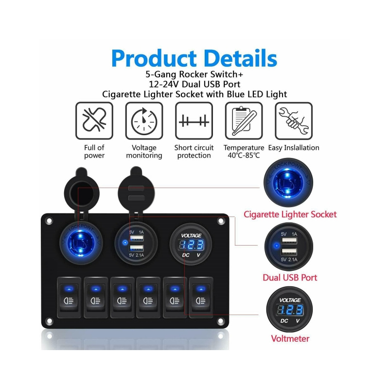 Blue  Circuit Breaker LED Waterproof Car Marine Boat 6 Gang 3 Hole Toggle Rocker Switch Panel