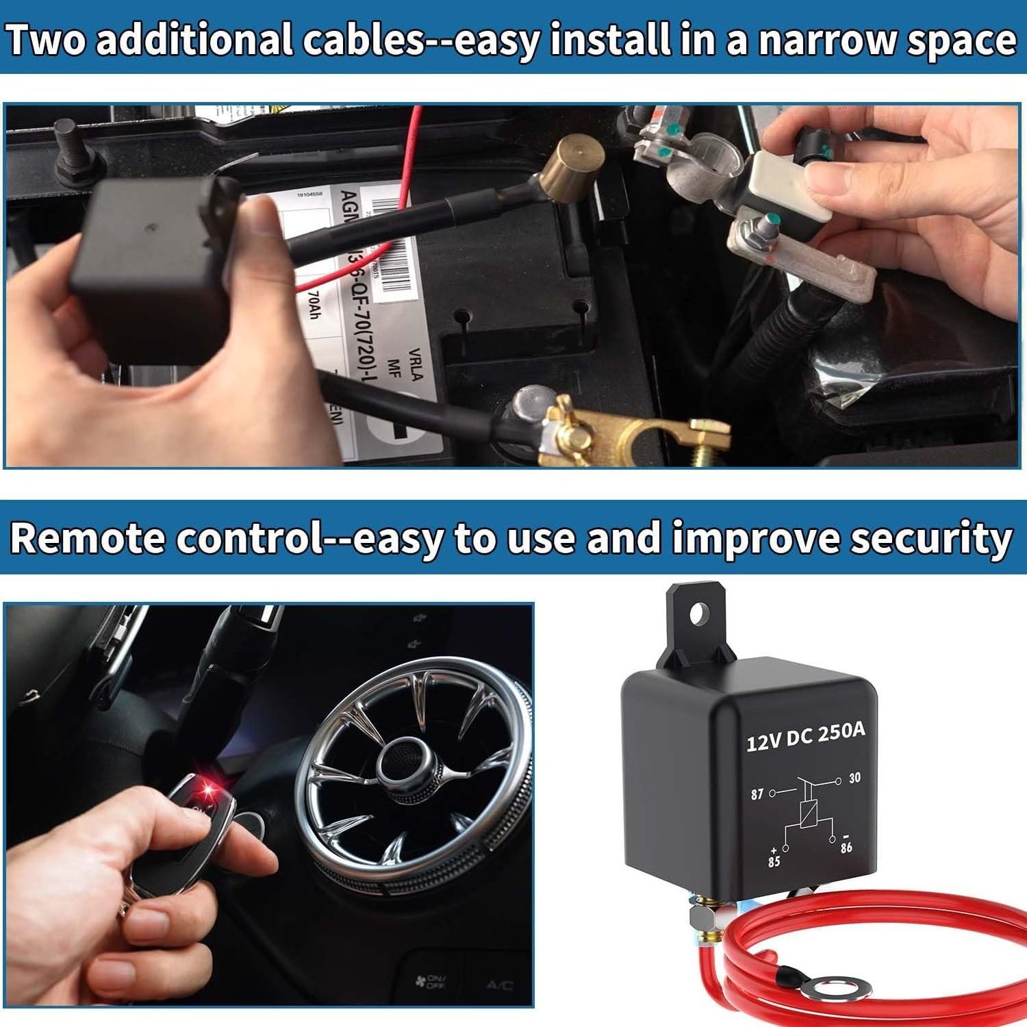 Remote Battery Disconnect Switch Side Post,250A DC 12V Negative Battery Disconnect Switch for Car RV Truck Vehicle