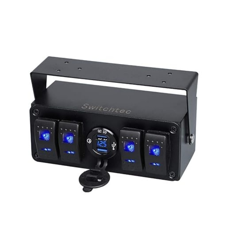 Switchtec 4 Gang Rocker Toggle Switch 12V Panel w/Quick Charge 3.0 USB Charger & Voltmeter, Blue Led. Marine Boat, Truck