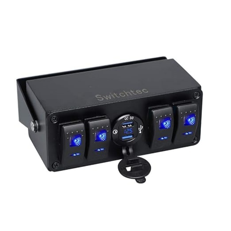 Switchtec 4 Gang Rocker Toggle Switch 12V Panel w/Quick Charge 3.0 USB Charger & Voltmeter, Blue Led. Marine Boat, Truck