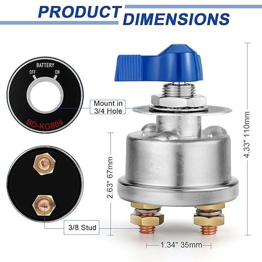 Battery Disconnect Switch 12V - 24V with Copper Contacts, Battery Switch for Car Vehicle RV Truck Boat Marine Outboards