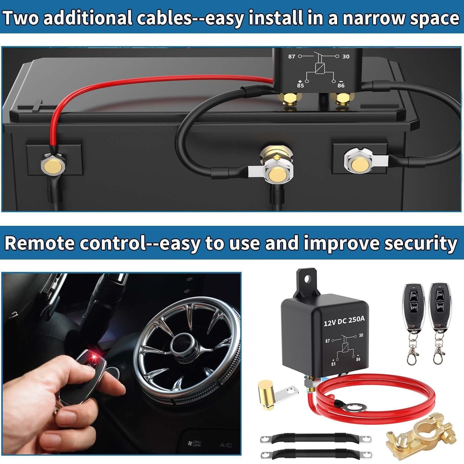 Remote Battery Kill Switch Kit, 250A DC 12V Top Post Negative Battery Disconnect Switch for Car RV Truck Vehicle