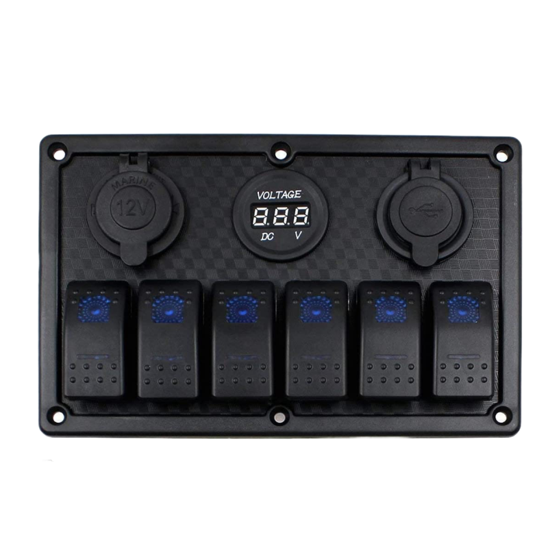 6 Gang Waterproof Rocker Switch Panel with DC 5V 3.1A Dual USB Charger Digital Voltmeter Display DC 12V Power Socket for Car