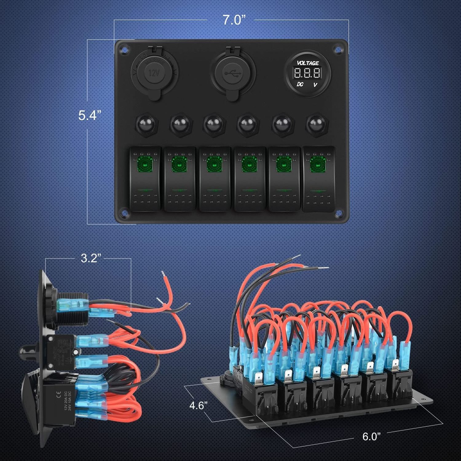 6 Gang Toggle Rocker Switch Panel With Blue LED Light Dual USB Circuit for Car Boat Marine