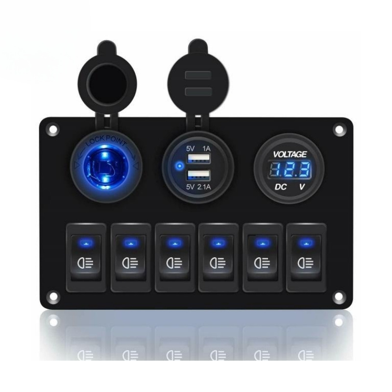 Blue  Circuit Breaker LED Waterproof Car Marine Boat 6 Gang 3 Hole Toggle Rocker Switch Panel