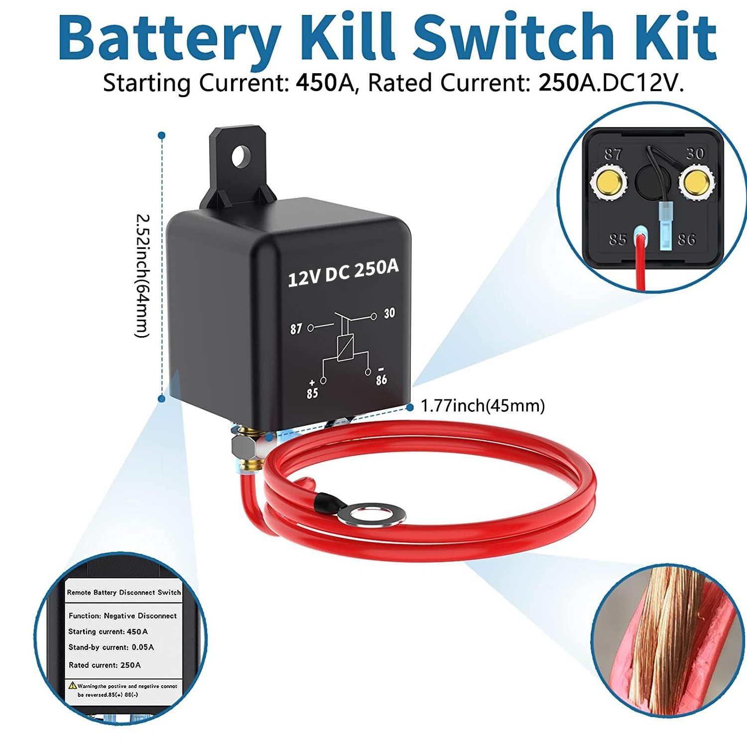 Remote Battery Kill Switch Kit, 250A DC 12V Top Post Negative Battery Disconnect Switch for Car RV Truck Vehicle