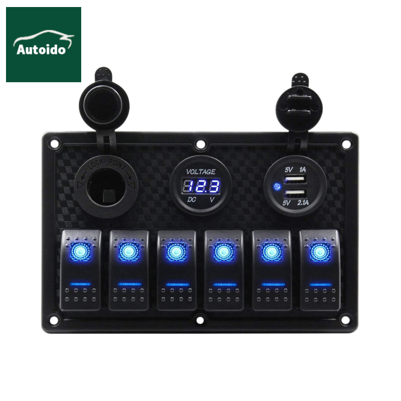 6 Gang Waterproof Rocker Switch Panel with DC 5V 3.1A Dual USB Charger Digital Voltmeter Display DC 12V Power Socket for Car