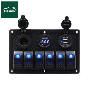 6 Gang Waterproof Rocker Switch Panel with DC 5V 3.1A Dual USB Charger Digital Voltmeter Display DC 12V Power Socket for Car