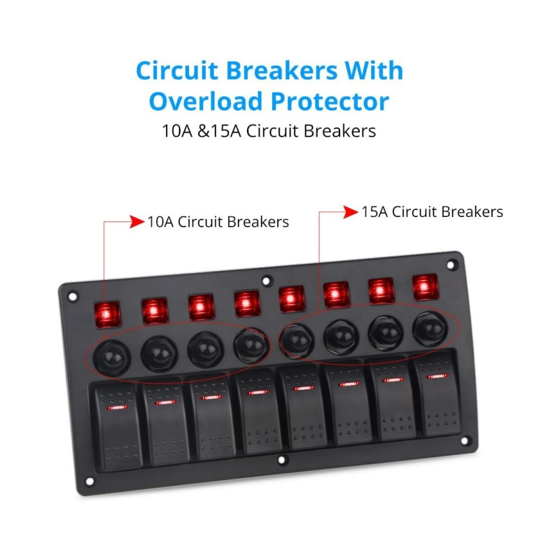 12V Marine ON/Off  IP66 Waterproof Circuit Breaker 8 Gang Car Red Toggle Rocker Switch Panel