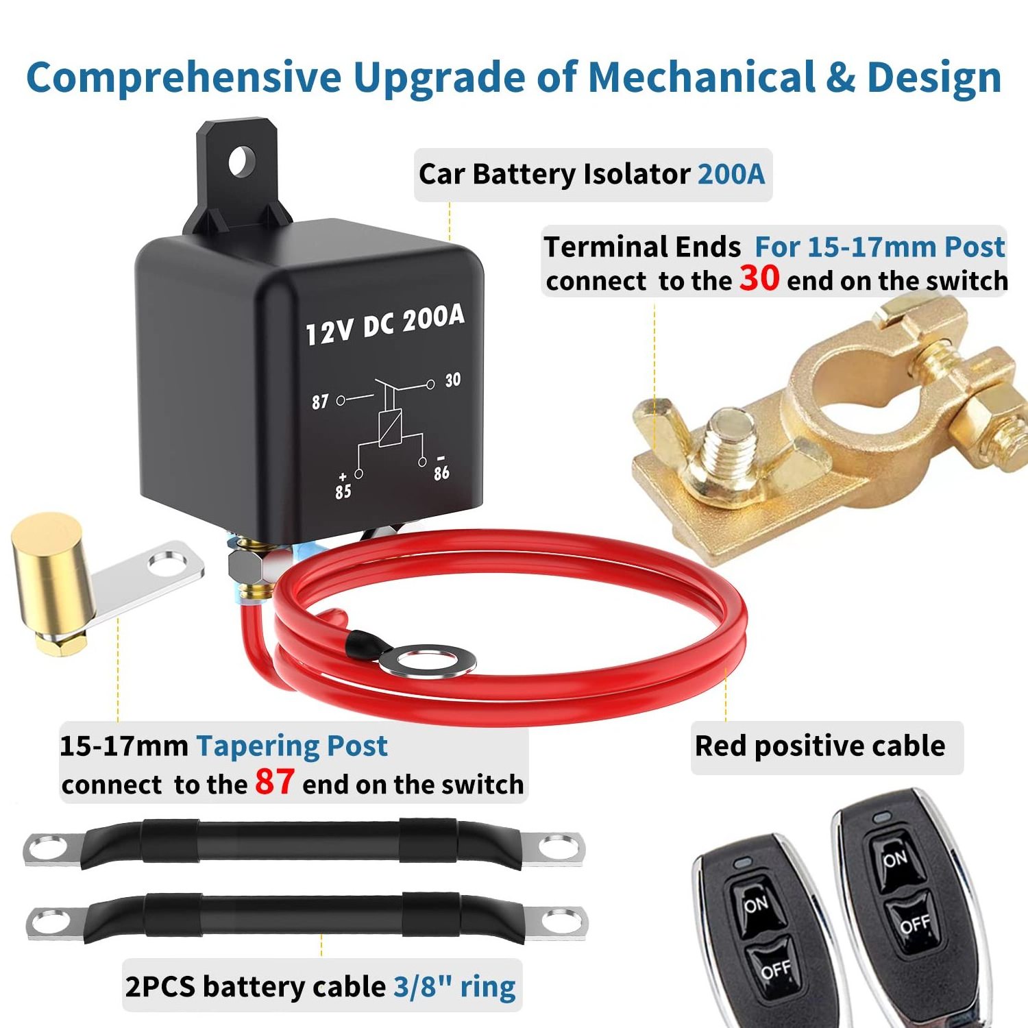 Remote Battery Disconnect Switch Kit, 200A DC 12V Top Post Negative Battery Disconnect Switch for Car RV Truck Vehicle