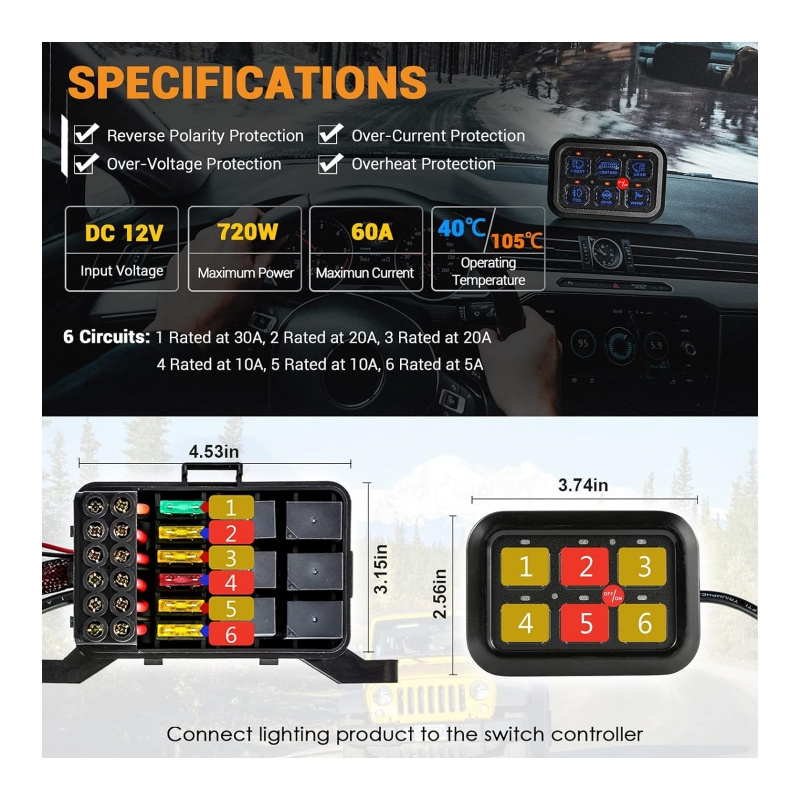 6 Gang Switch Panel Electronic Relays Automatic Dimmable LED Switch Pod Universal Auxillary Toogle Rocker Switch Panel