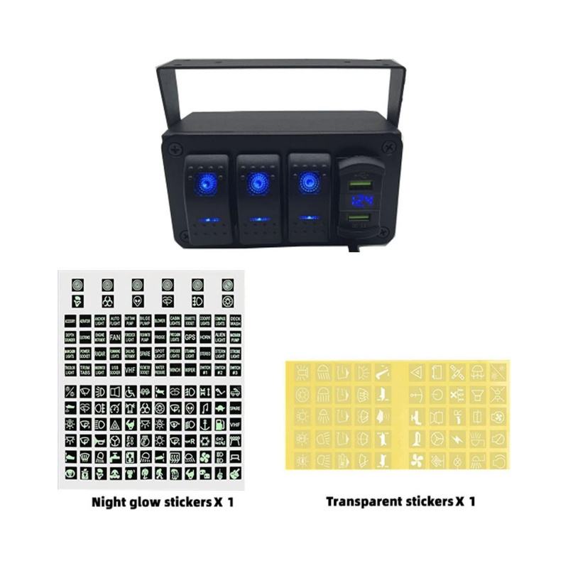 Waterproof 12V ON Off Dual USB Charger  Night Glow Stickers 3 Gang Rocker Switch panel Control Box