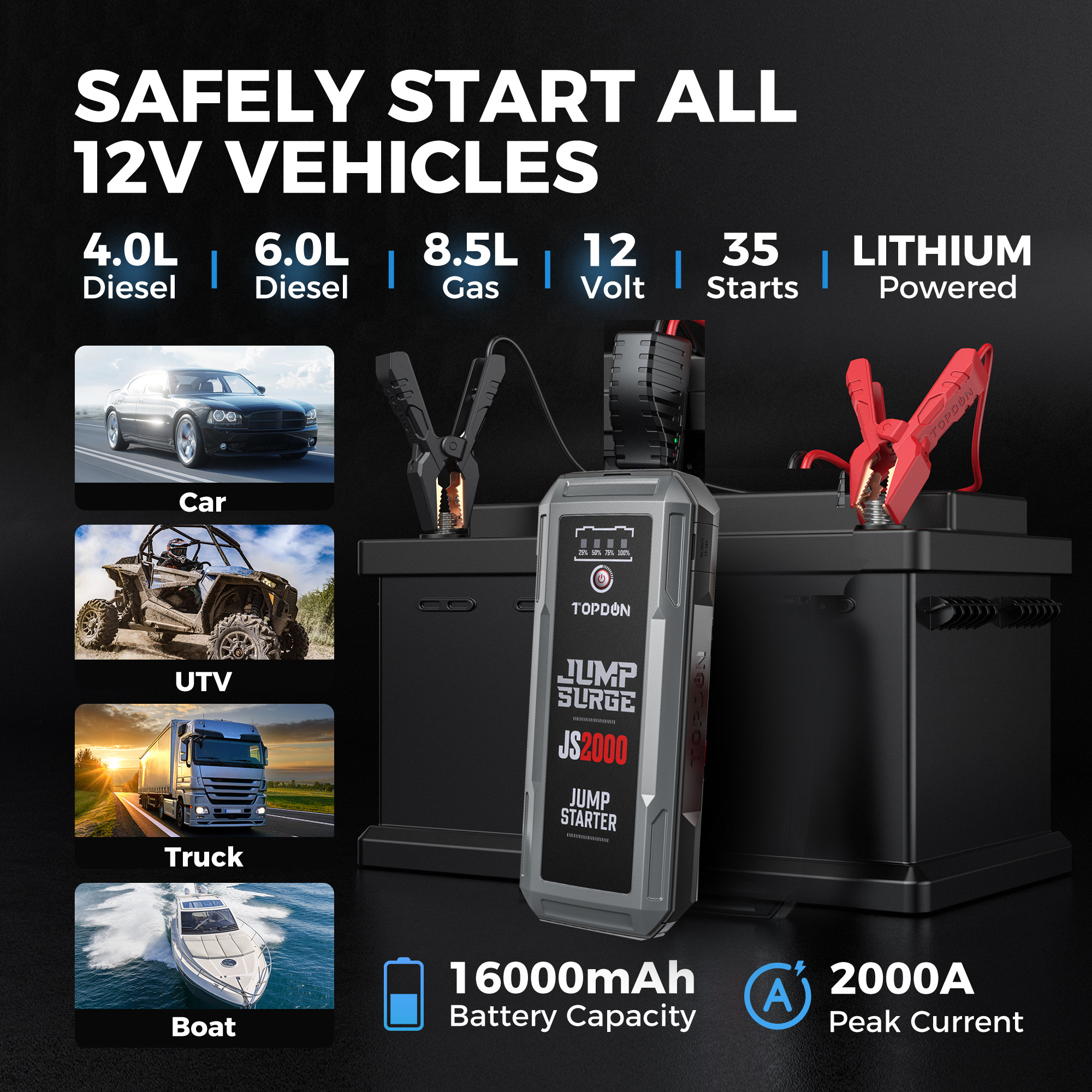 TOPDON V2000 2000A 12V JS2000 Booster Jump Starter 12 Volt Powerbank Usb Mit Ce Battery Charger Booster Kit