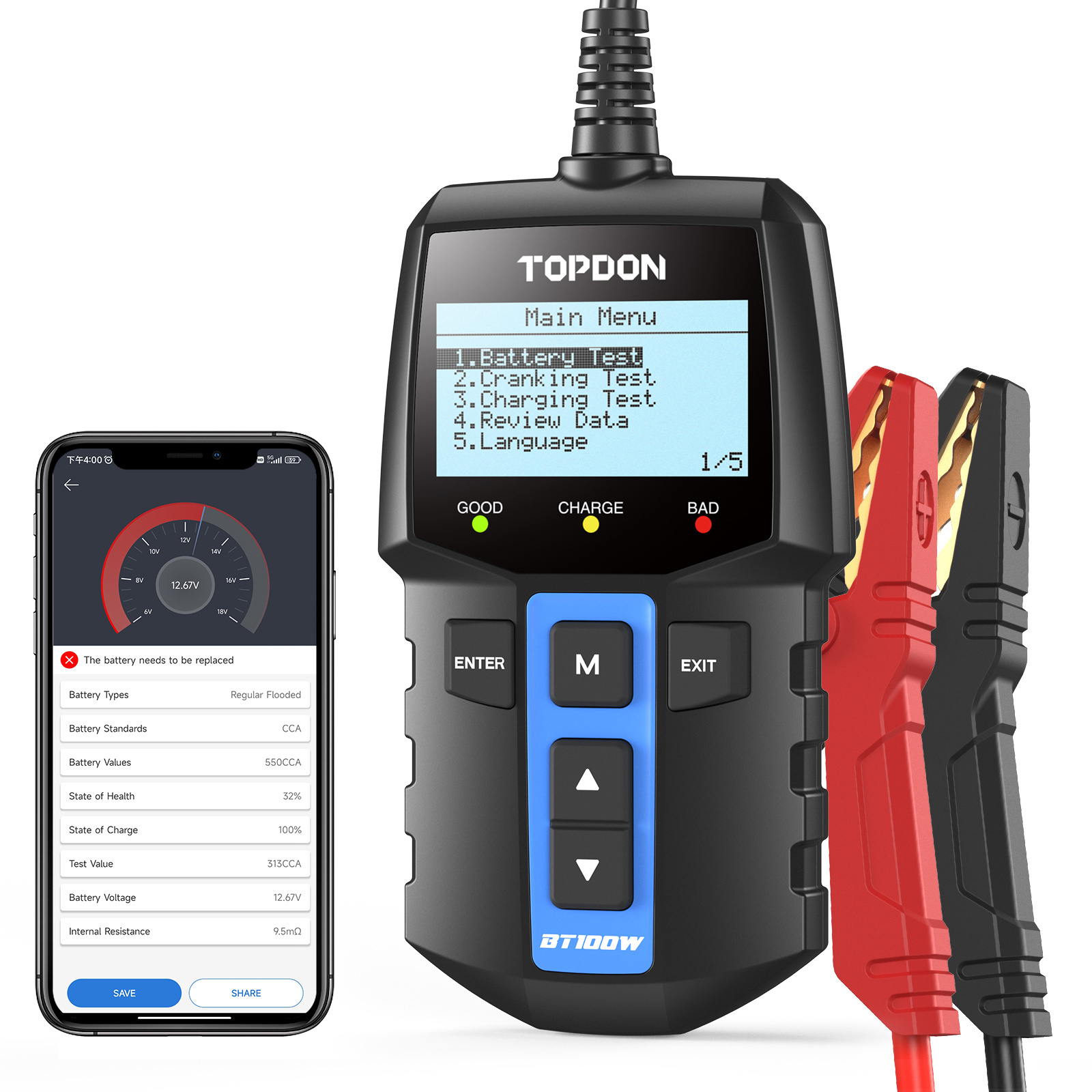 TOPDON BT100W Portable 100-2000CCA Flooded AGM Gel EFB VRLA 12V Automotive Motorcycle Car Digital Load Battery Tester Analyzer