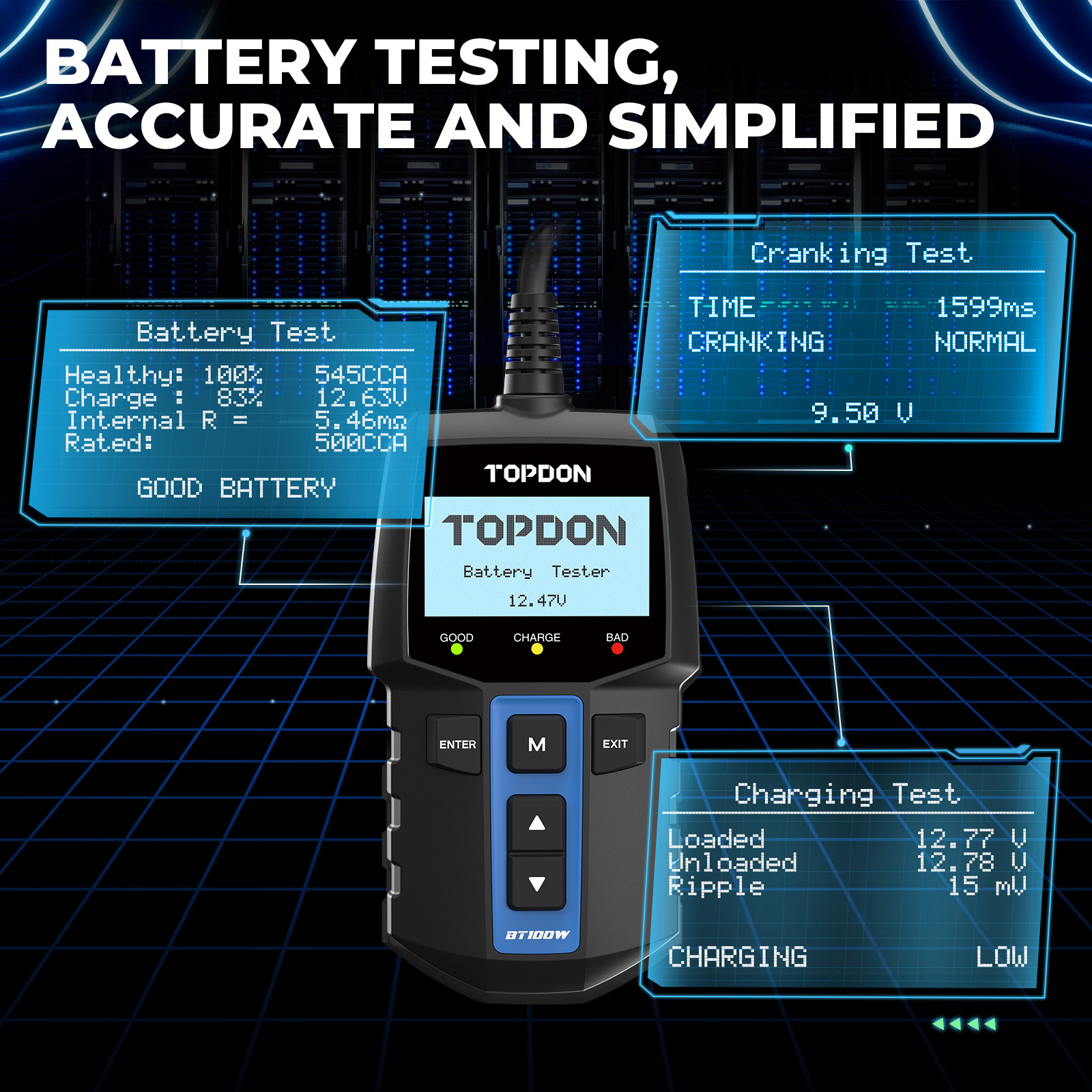 TOPDON BT100W Portable 100-2000CCA Flooded AGM Gel EFB VRLA 12V Automotive Motorcycle Car Digital Load Battery Tester Analyzer