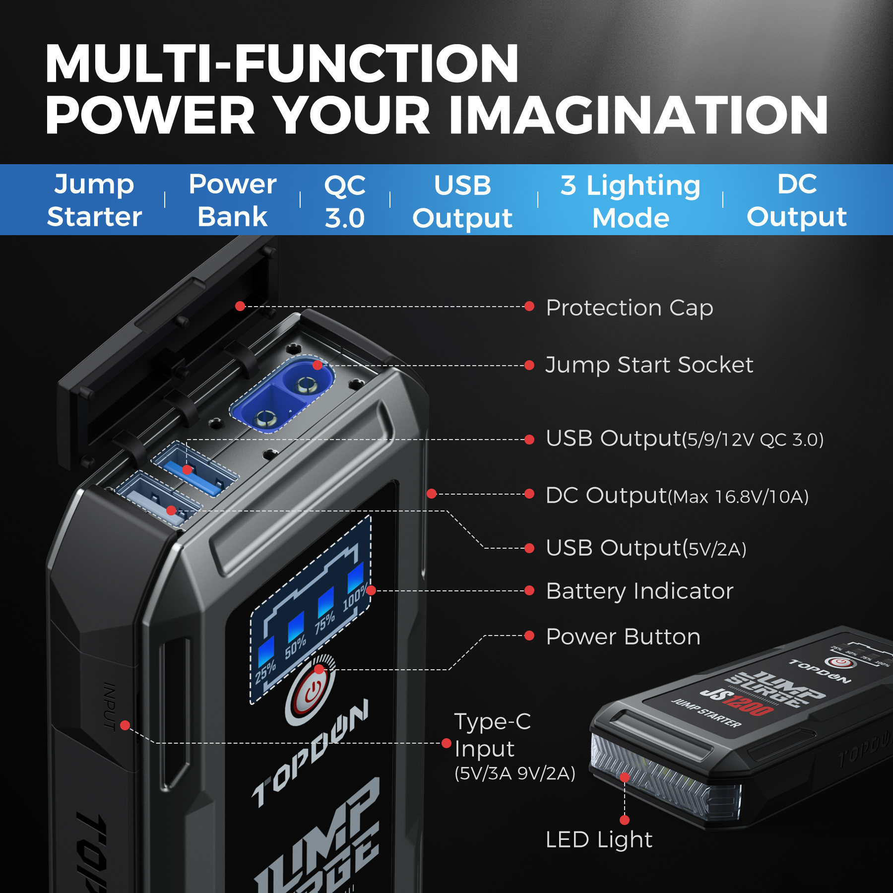 2023 topdon portable multi-function js1200 super capacity pack battery jump starter power bank booster start powerbank for car