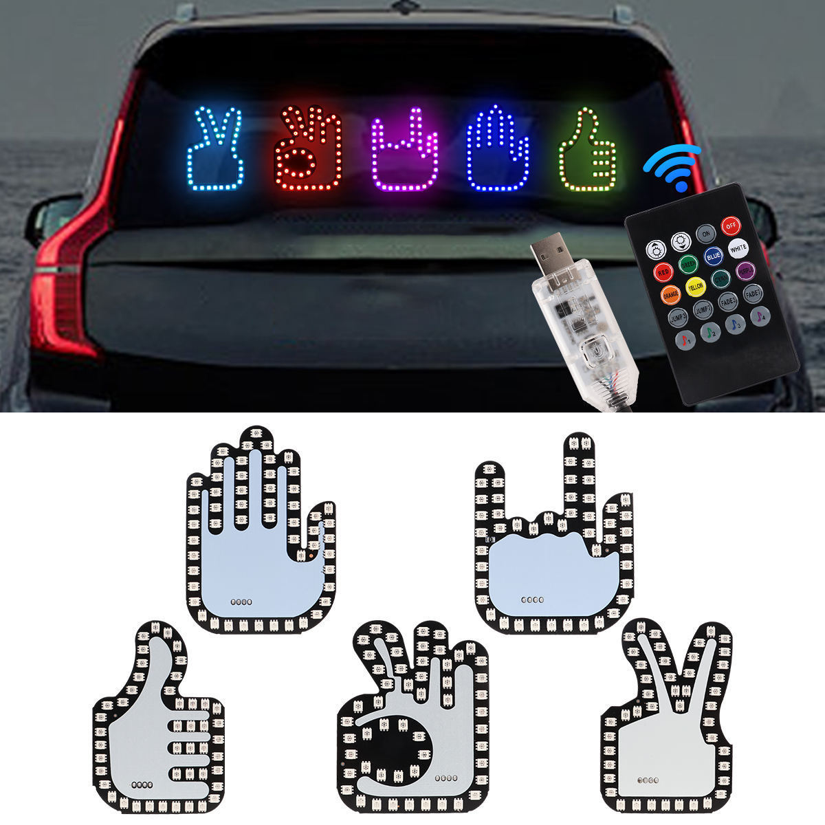 Car Led Gesture Light Usb Palm Finger Flashing Middle Finger Warn Lamp Remote Control For Rear Windshield Sign Car Accessories