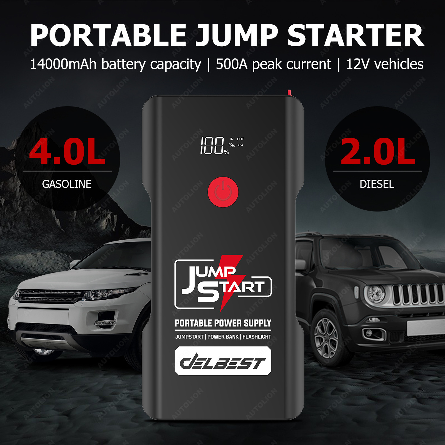 Portable 14000mAh car battery jumper with air compressor flashlight car jump starter up to 4.0L Gas and 2.0L Diesel Engine