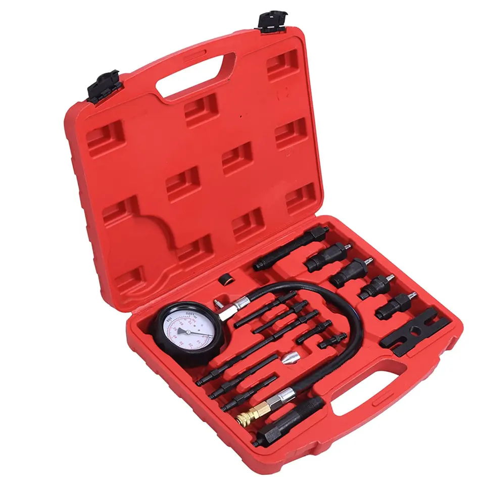 16PCS Professional Diesel Engine Cylinder Compression Tester Tool Kit Set Pressure Gauge For Trucks/Cars/Tractors With Case