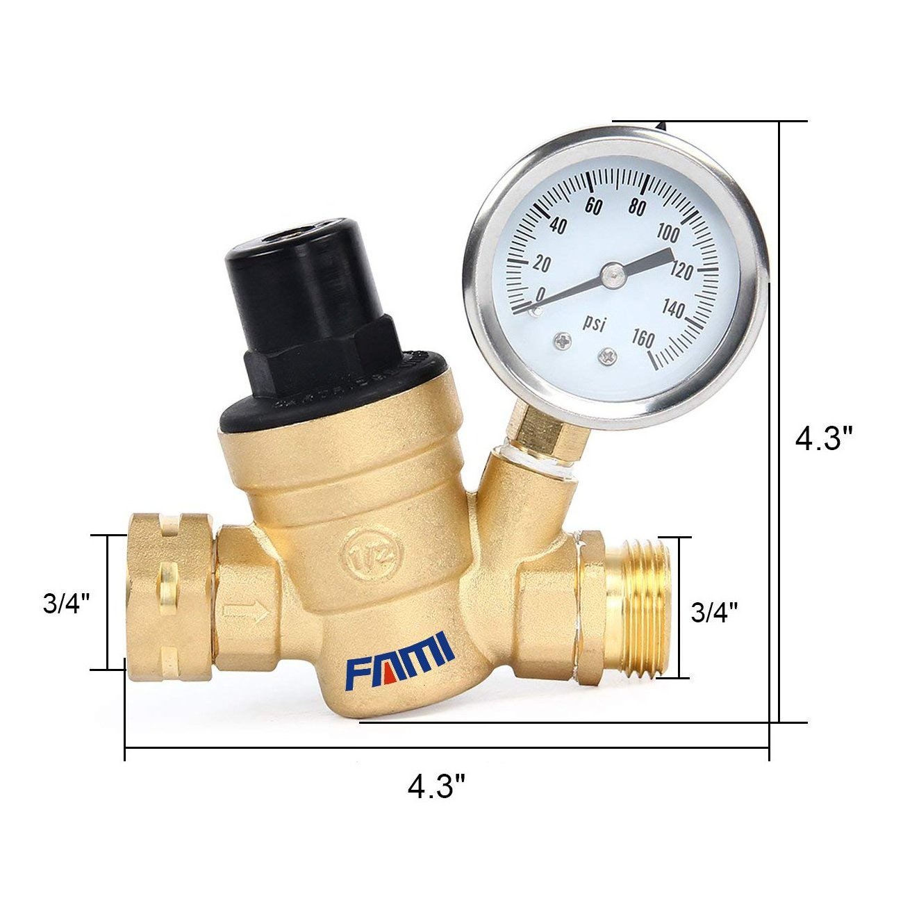 COVNA DN15 Brass Adjustable RV Pressure Reducing Valve with Pressure Gauge