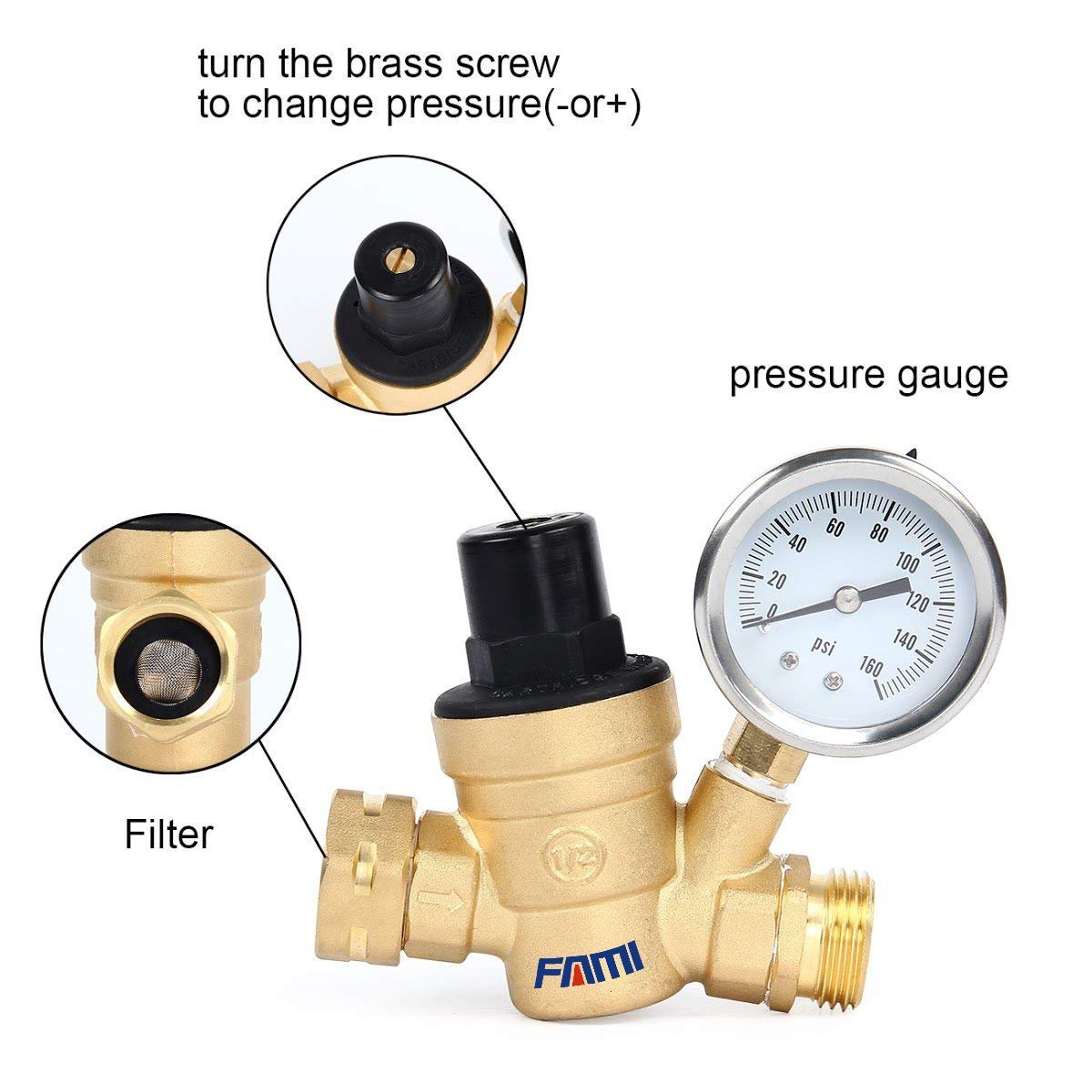 COVNA DN15 Brass Adjustable RV Pressure Reducing Valve with Pressure Gauge