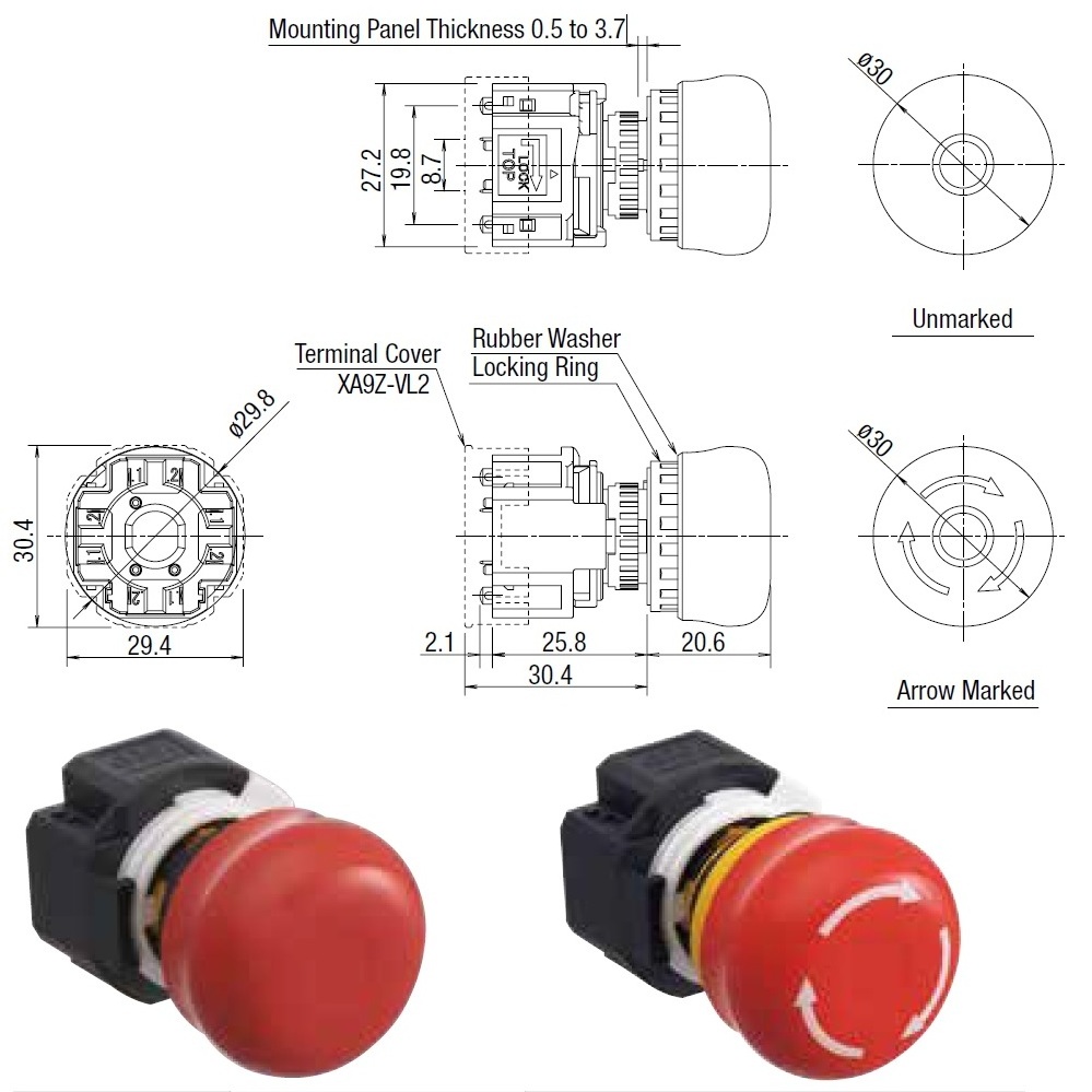 Idec E-Stop compact emergency stop pushbutton switch XA1E-BV