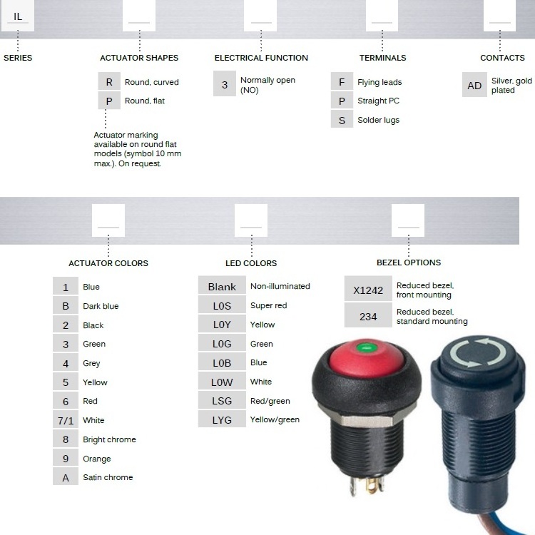 Apem thick panel long bushing Sealed pushbutton switch 12mm momentary push button ILP3FAD2X1242