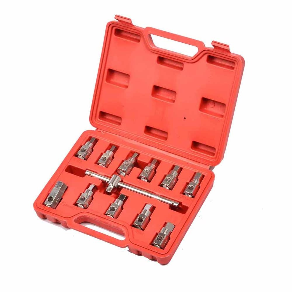 12PC Oil Drain Plug Removal Hex Square Socket Set Sump Gearbox Axle Key Auto Tool Kit