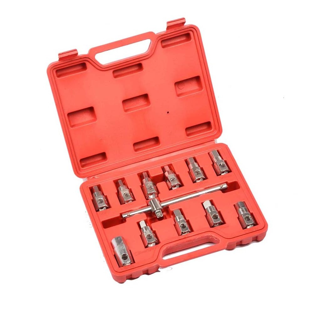 12PC Oil Drain Plug Removal Hex Square Socket Set Sump Gearbox Axle Key Auto Tool Kit