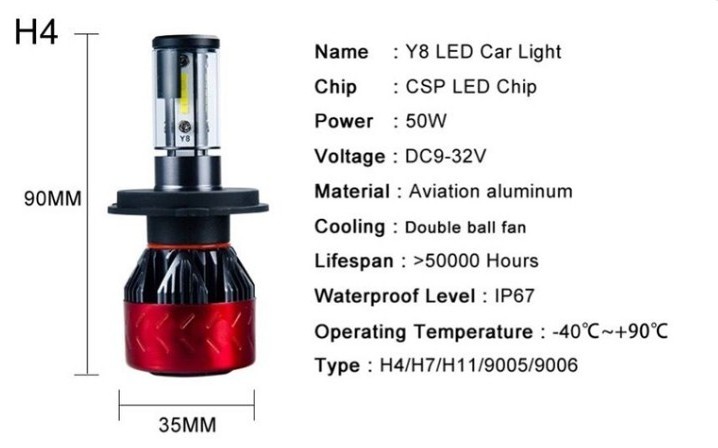 4 face Y8 H4 H7 9005 9006 H1 H3 H11 880 881 100W 18000LM high low beam Fog Lights 6000K CSP cob Chip Car LED Headlight Bulb