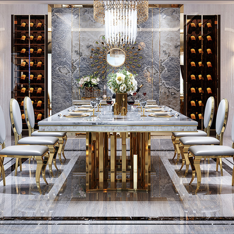 Luxury modern gold stainless steel base marble eight-seater home dining table