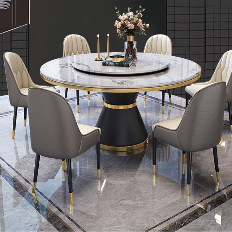 Luxury Nordic Modern Design Stainless Steel Base Dining Table Set Round Rotating Sintered Stone Dining Table