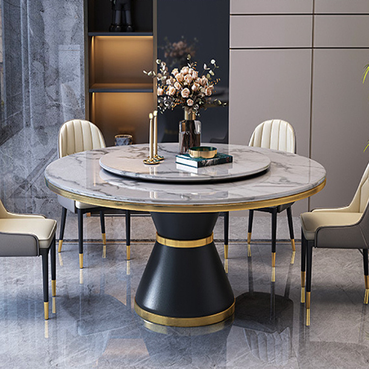 Luxury Nordic Modern Design Stainless Steel Base Dining Table Set Round Rotating Sintered Stone Dining Table