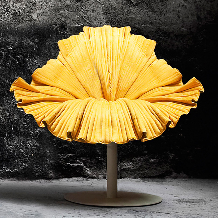 Art furniture decoration special design Rotatable yellow fabric flower shaped chair flocked cloth modern leisure chair