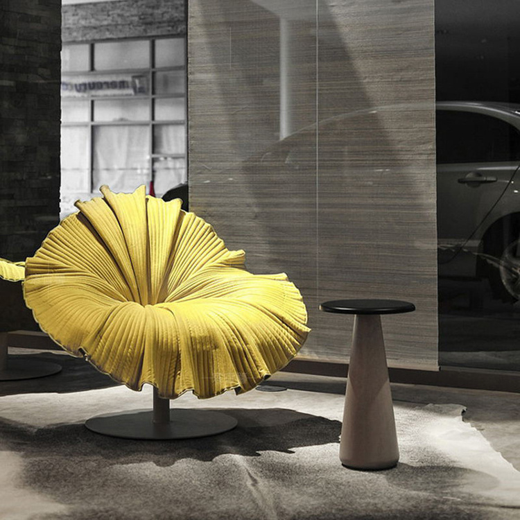 Art furniture decoration special design Rotatable yellow fabric flower shaped chair flocked cloth modern leisure chair