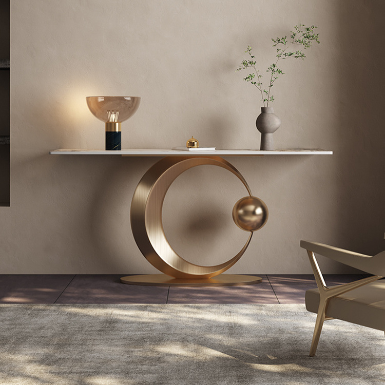 Wholesale luxury modern design hall rose gold stainless steel base marble top entryway table console