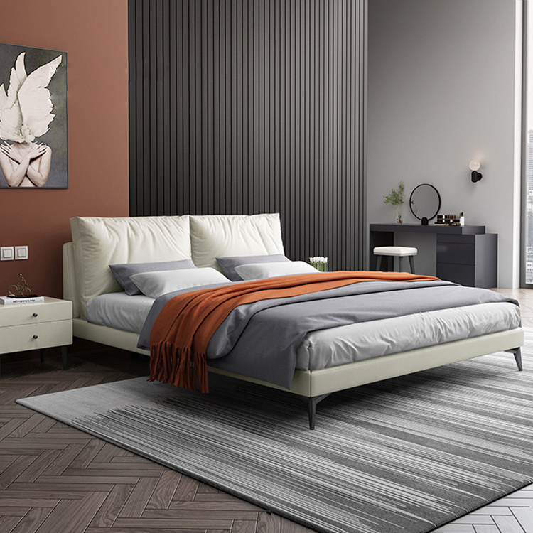 Grey white contemporary leather bed 1.8m king size bedroom set solid wood modern double bed