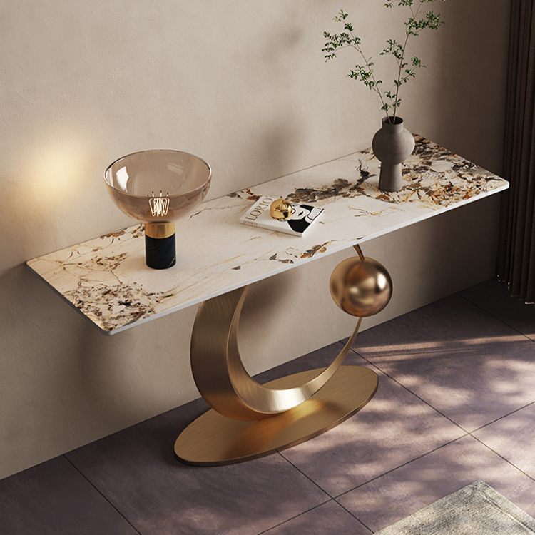 Wholesale luxury modern design hall rose gold stainless steel base marble top entryway table console