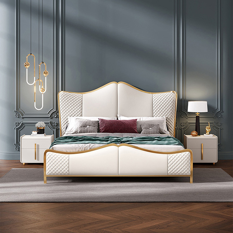 Luxury upholstered leather bed hotel bedroom sets single queen king size bed room furniture modern home frame wood beds