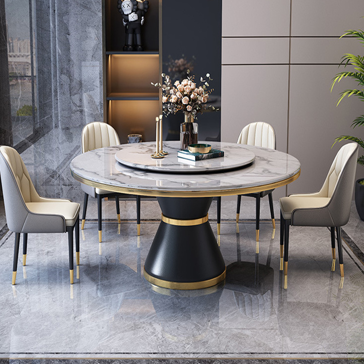 Luxury Nordic Modern Design Stainless Steel Base Dining Table Set Round Rotating Sintered Stone Dining Table