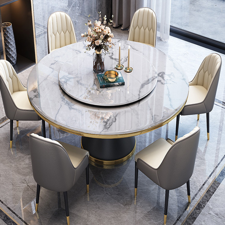 Luxury Nordic Modern Design Stainless Steel Base Dining Table Set Round Rotating Sintered Stone Dining Table