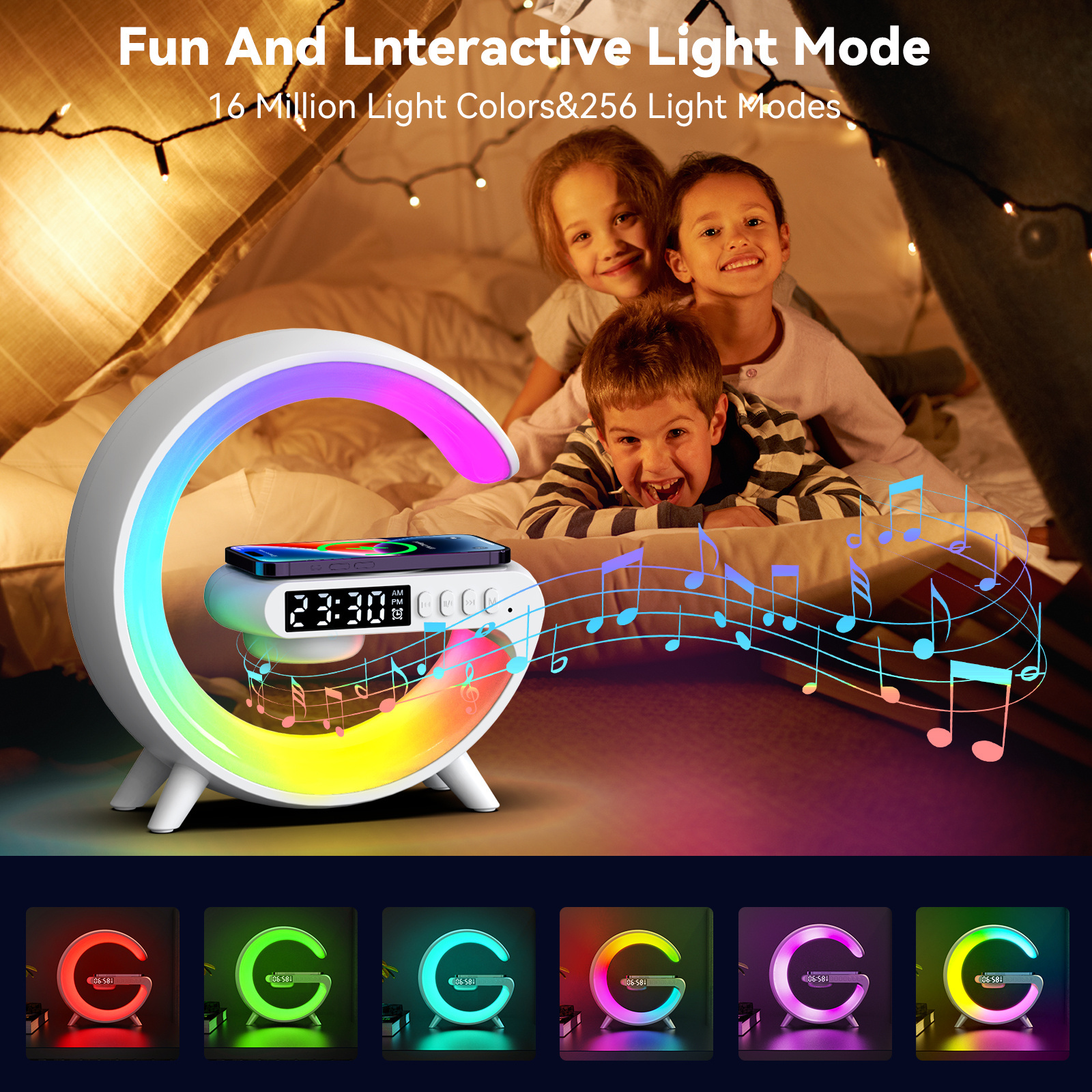 Factory wholesale 2023 6 in 1 G lamp Mini speaker RGB LED night light with wireless charger alarm clock for bedside living room