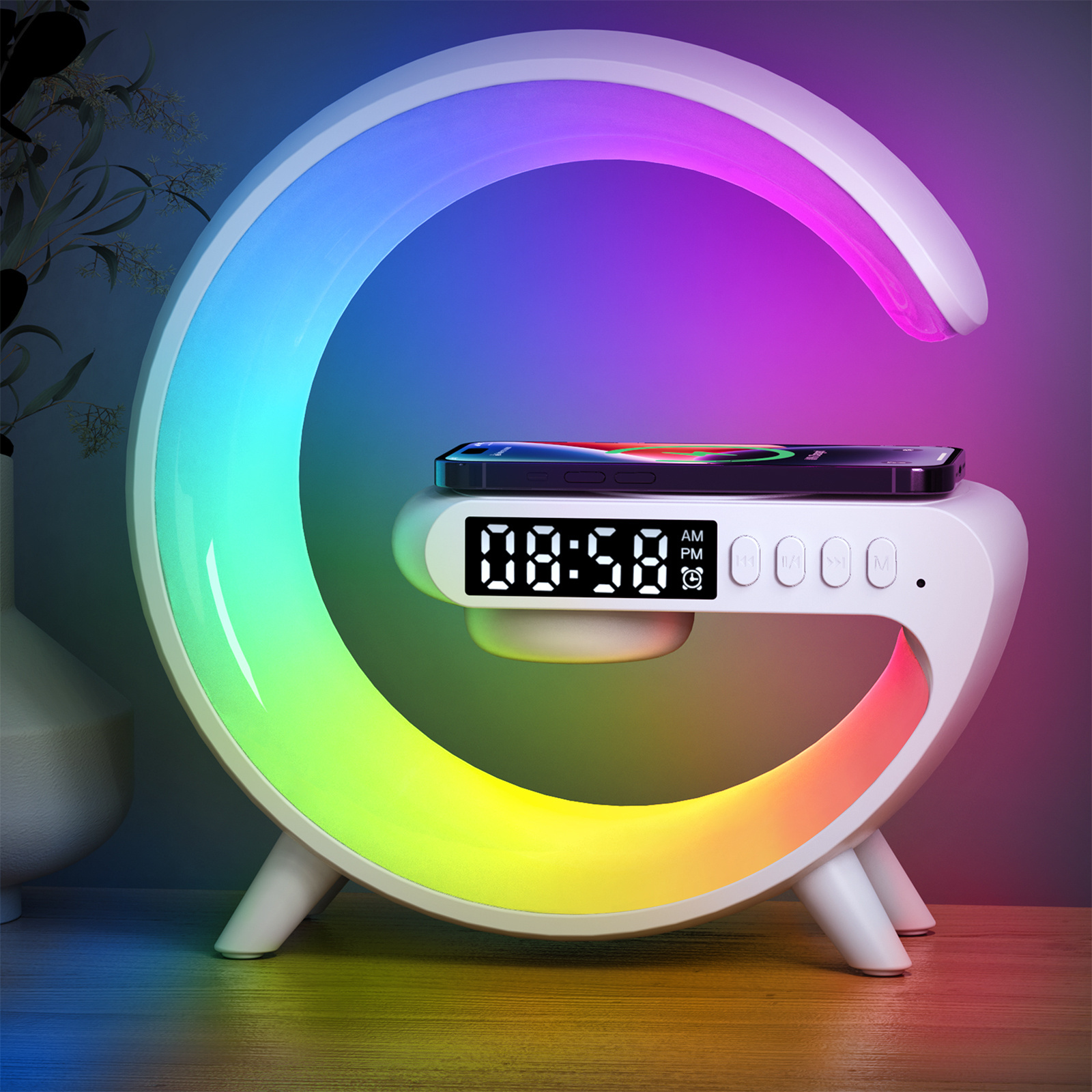 Factory wholesale 2023 6 in 1 G lamp Mini speaker RGB LED night light with wireless charger alarm clock for bedside living room